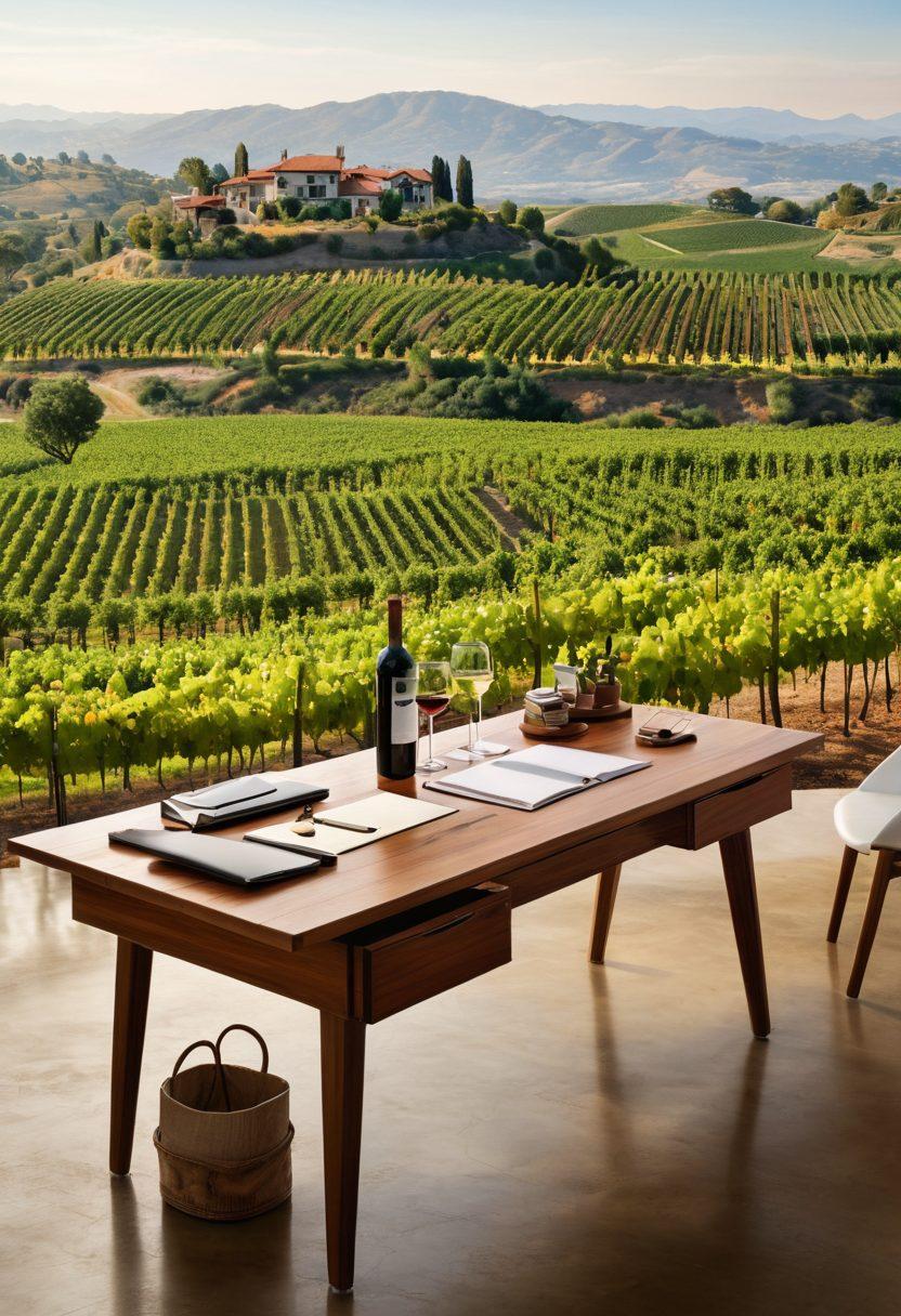A beautiful vineyard landscape transitioning into a modern office space, with grapevines intertwining with office furniture. On one side, lush green hills and ripe grapes; on the other, a sleek wooden desk with a glass of wine, papers, and a computer. The scene evokes a sense of harmony between nature and corporate life, showcasing the joy of wine culture in a professional setting. super-realistic. vibrant colors. soft lighting.