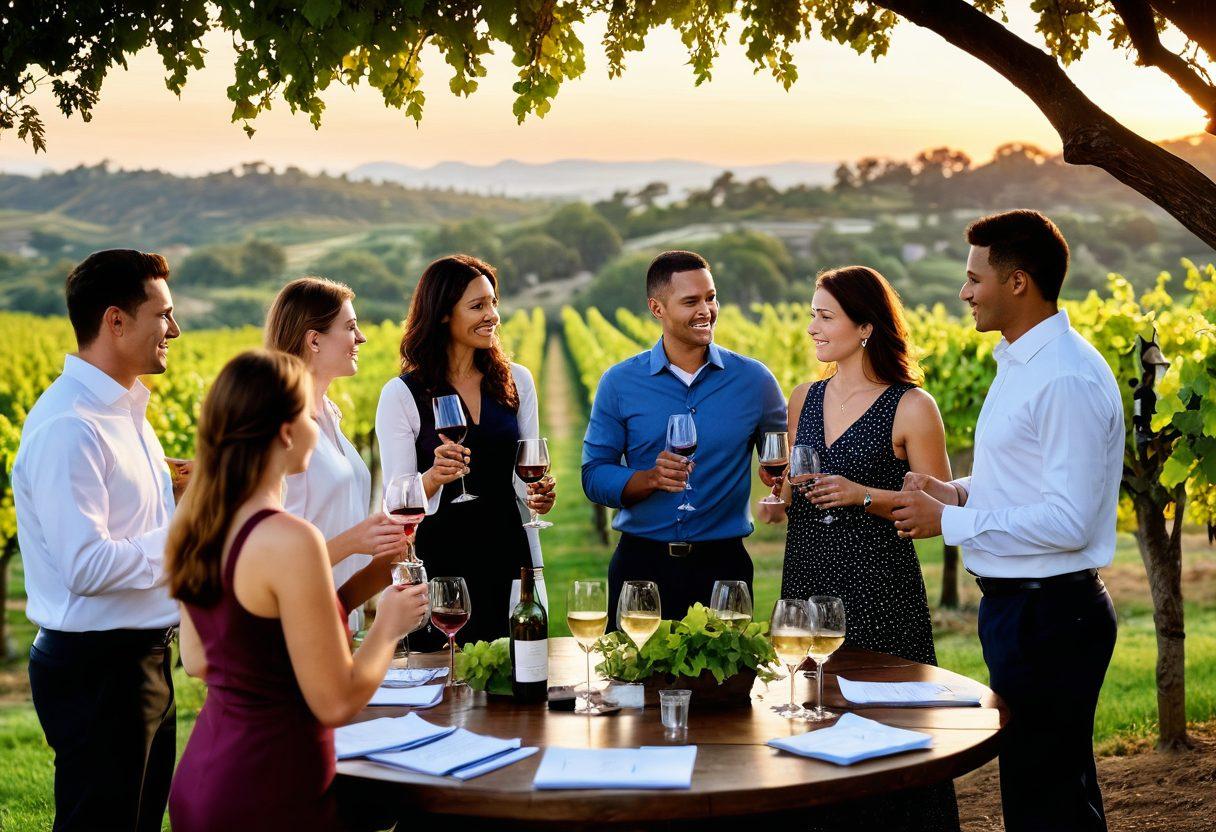 A vibrant scene featuring a diverse group of professionals enjoying a wine tasting event in a lush vineyard, with one person showcasing their skills in wine administration and another sharing insights about career opportunities. Include elegant wine glasses, grapevines in the background, and a sunset that casts a warm glow over the gathering. The ambiance is festive and welcoming, symbolizing happiness in both wine and career growth. super-realistic. vibrant colors. warm ambiance.