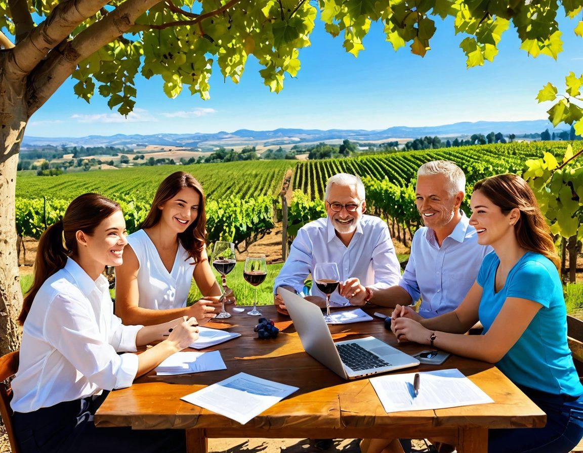 A lively and inviting scene of a vineyard, with cheerful people enjoying wine tasting while discussing career opportunities. Include a rustic wooden table adorned with wine glasses and a laptop, symbolizing the blend of leisure and work. Vibrant grapevines with ripe grapes in the background, under a bright blue sky to evoke happiness. The overall atmosphere should be warm and inspiring. super-realistic. vibrant colors. natural lighting.